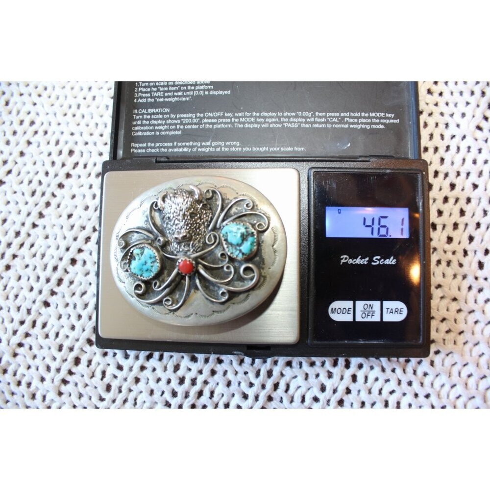 Vtg Navajo Buffalo Head Belt Buckle Turquoise & Coral Native American Handmade - Picture 2 of 7